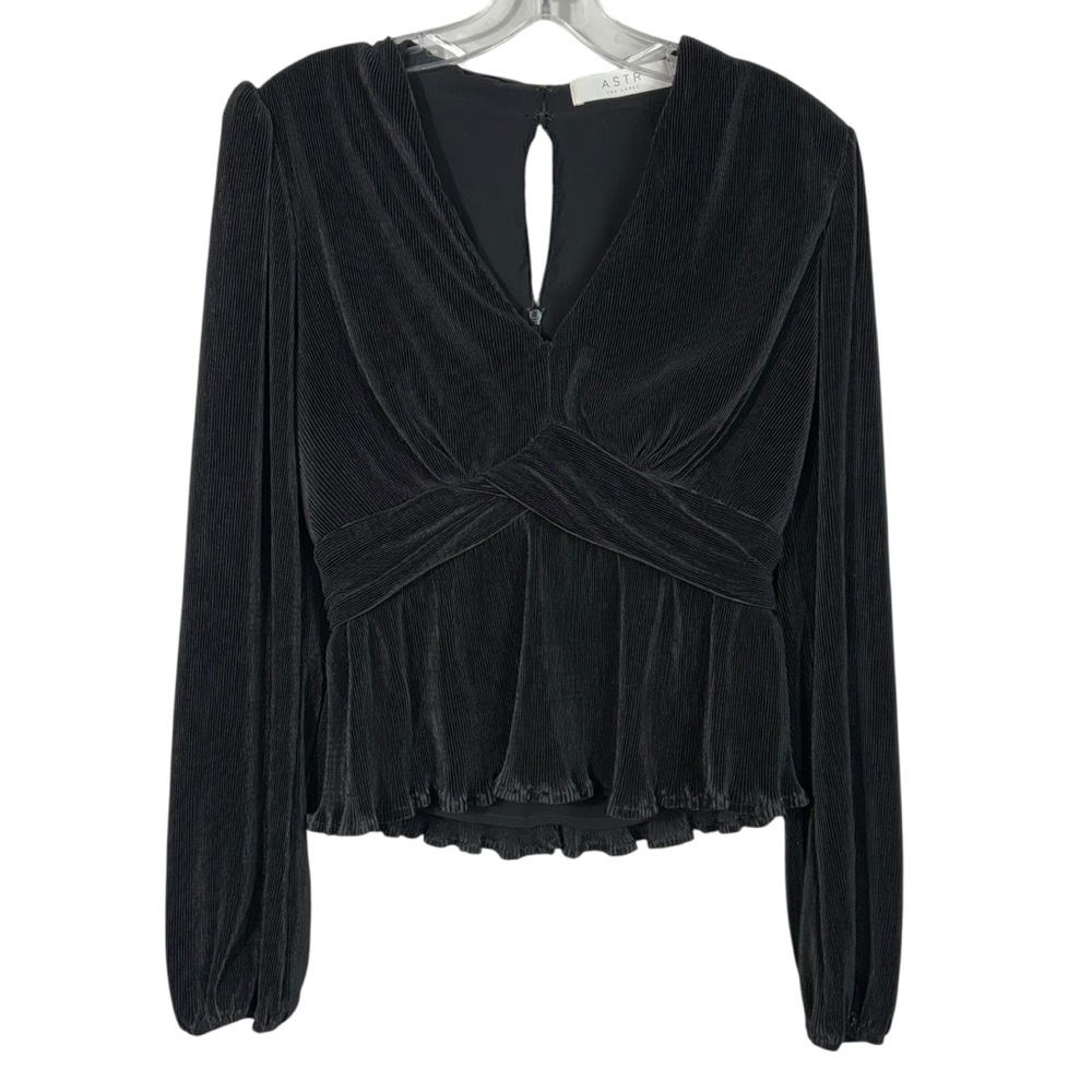 ASTR The Label Black Metallic Pleated Long Sleeve Peplum Top Party New Years M